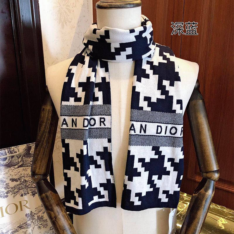 Dior Scarf Macro Houndstooth Motif Technical Cashmere and Wool Navy Blue Hot Sale