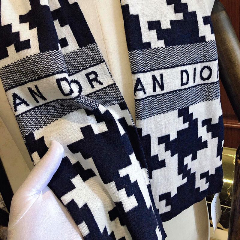 Dior Scarf Macro Houndstooth Motif Technical Cashmere and Wool Navy Blue Hot Sale