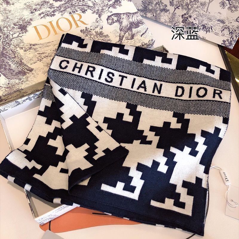 Dior Scarf Macro Houndstooth Motif Technical Cashmere and Wool Navy Blue Hot Sale