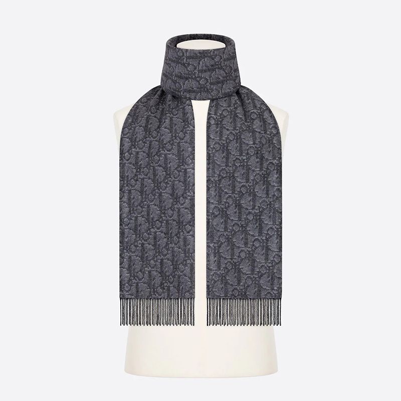 Dior Scarf Oblique Motif Cashmere and Wool Grey Black Hot Sale