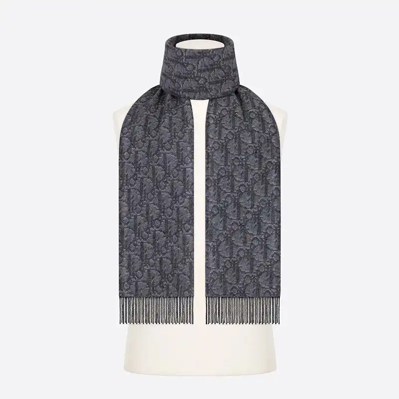 Hot Dior Scarf Oblique Motif Cashmere and Wool Grey Black