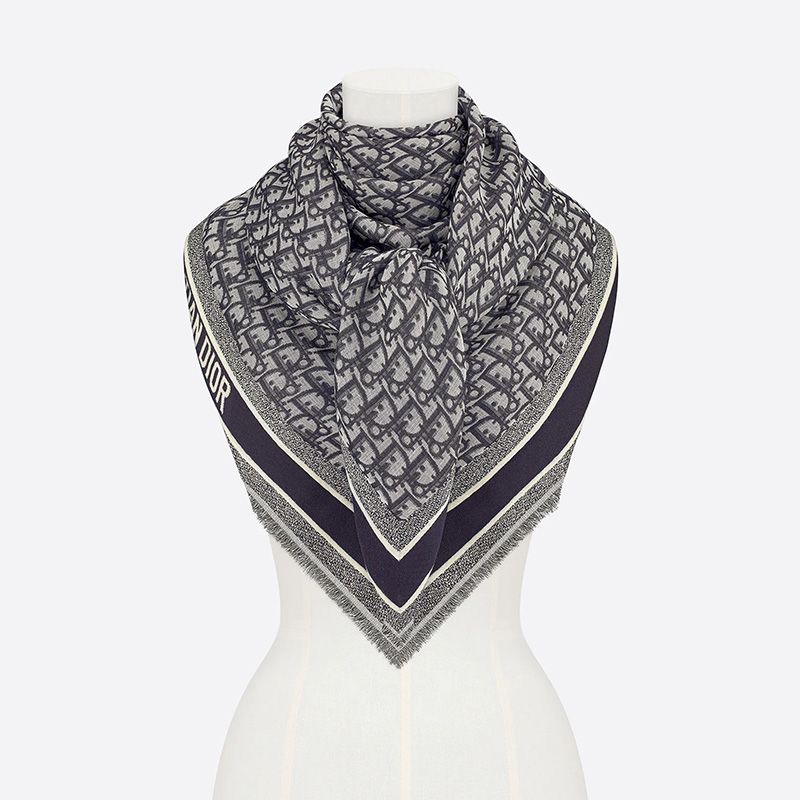 Dior Shawl D-Oblique Motif Wool, Silk and Cashmere Navy Blue Hot Sale