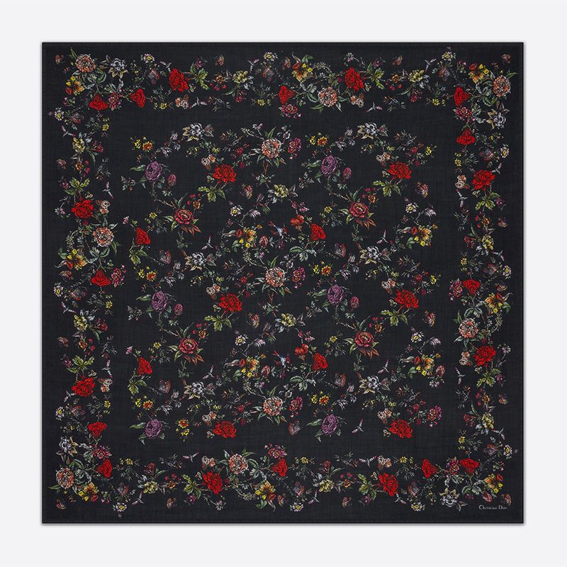 Dior Shawl Jardin Botanique Motif Silk, Wool and Cashmere Black Hot Sale