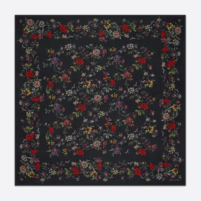 Hot Dior Shawl Jardin Botanique Motif Silk, Wool and Cashmere Black