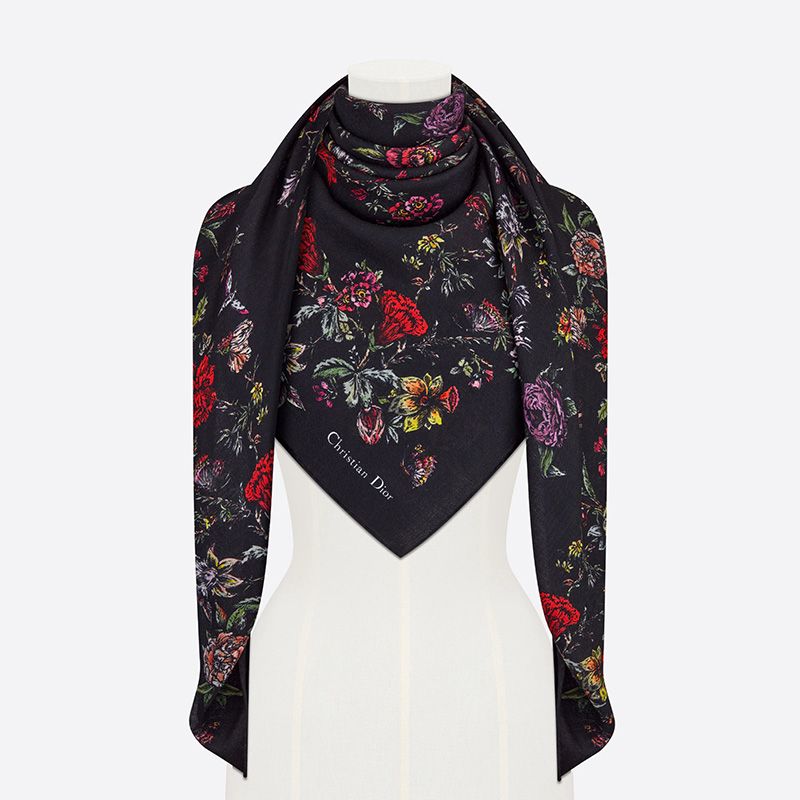 Dior Shawl Jardin Botanique Motif Silk, Wool and Cashmere Black