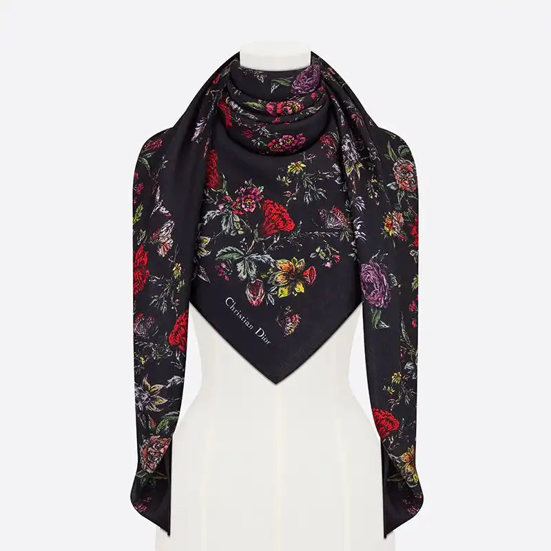 Cheap Hot Dior Shawl Jardin Botanique Motif Silk, Wool and Cashmere Black