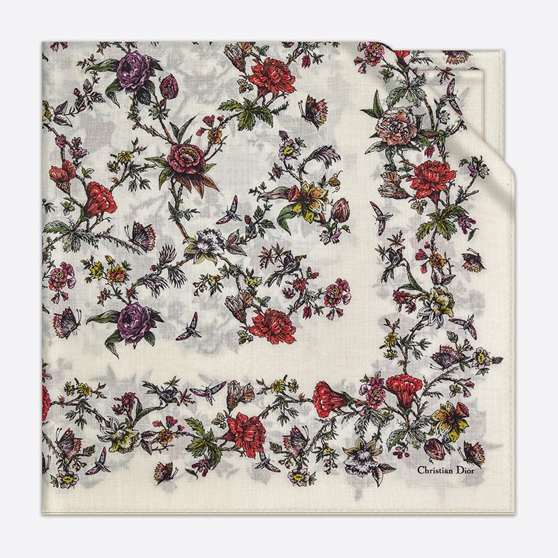 Hot Dior Shawl Jardin Botanique Motif Silk, Wool and Cashmere White