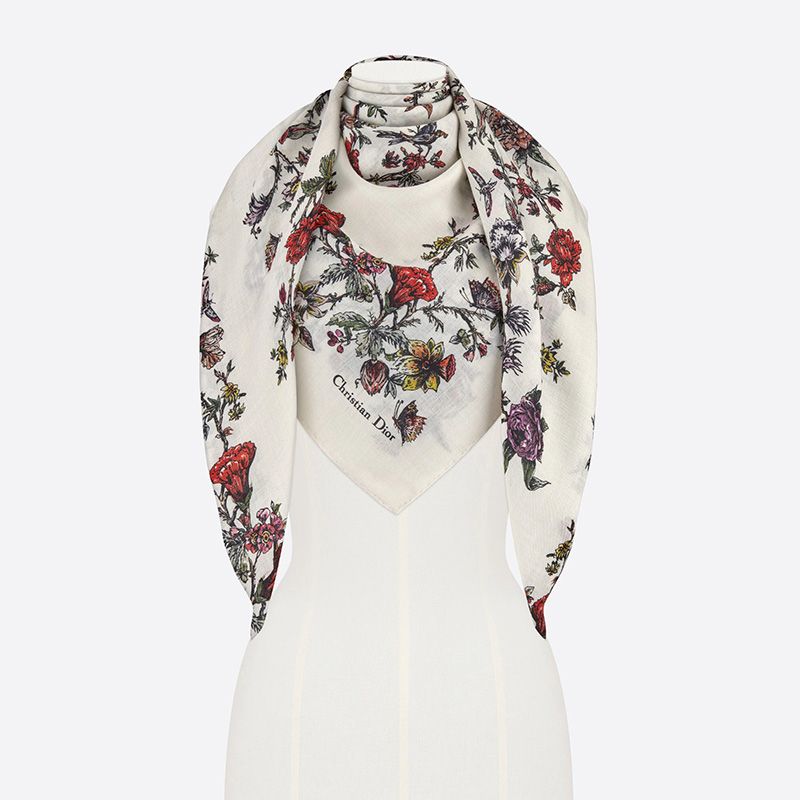 Hot Dior Shawl Jardin Botanique Motif Silk, Wool and Cashmere White