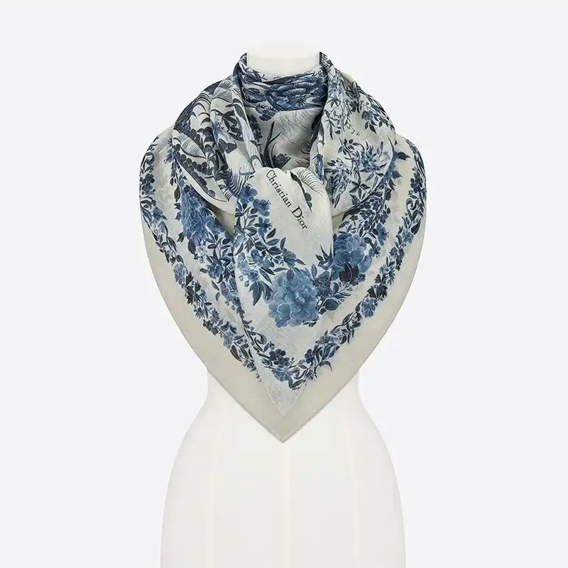 Affordable Hot Dior Shawl Jardin d'Hiver Motif Cashmere and Silk Blue