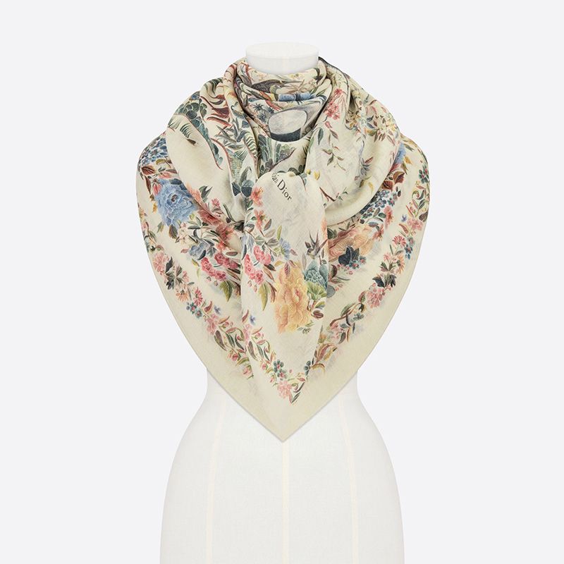 Dior Shawl Jardin d'Hiver Motif Cashmere and Silk White Hot Sale