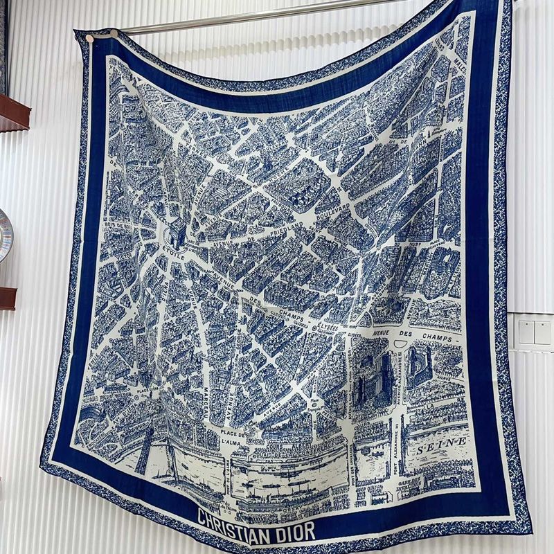 Dior Shawl Plan de Paris Motif Cashmere and Silk Blue Hot Sale