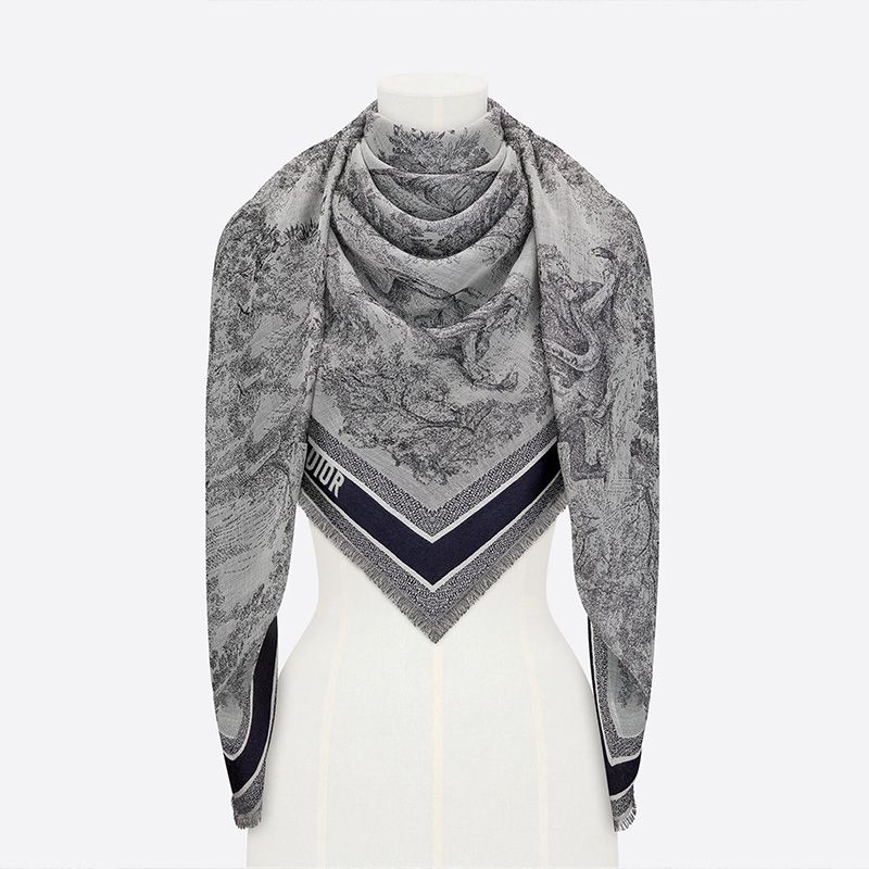 Dior Shawl Toile de Jouy Motif Wool, Silk and Cotton Grey Hot Sale