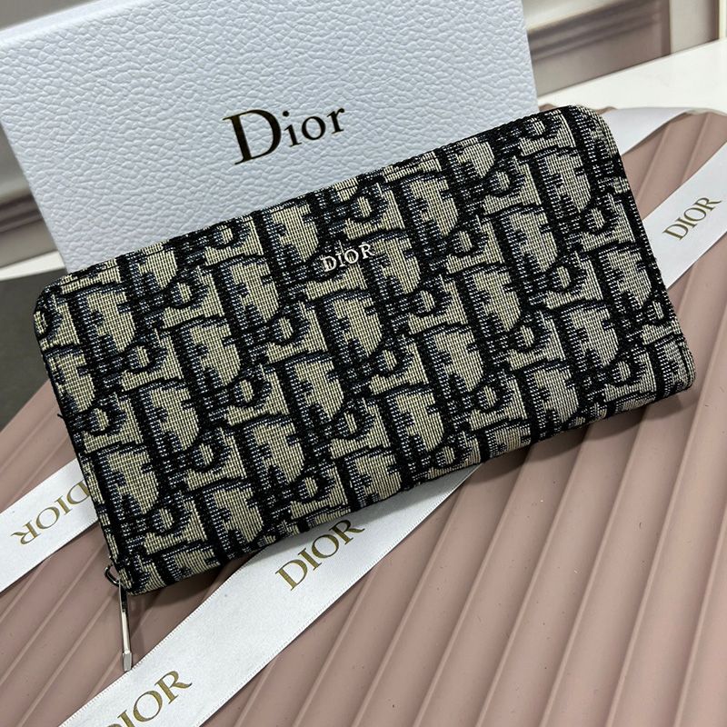 Dior Silver Zipped Zip Wallet Oblique Motif Canvas Blue Hot Sale