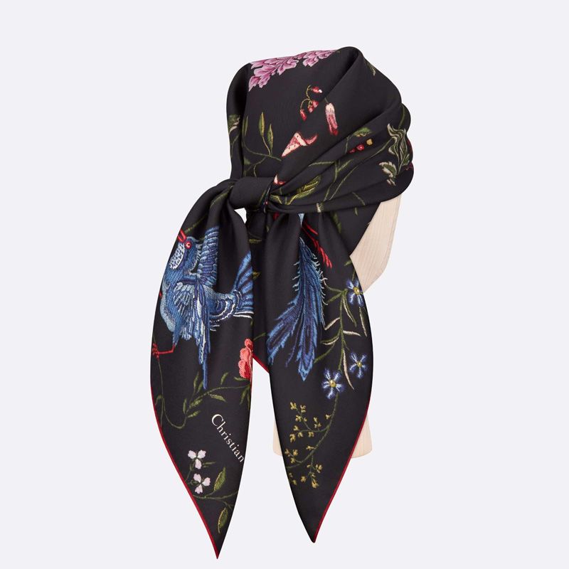 Dior Square Scarf Birds Motif Silk Black Hot Sale