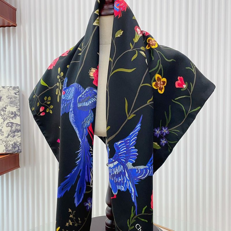 Dior Square Scarf Birds Motif Silk Black Hot Sale