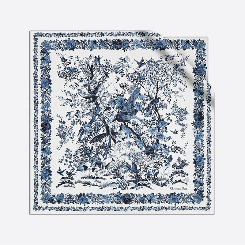 Dior Square Scarf Jardin d'Hiver Motif Silk Blue Hot Sale