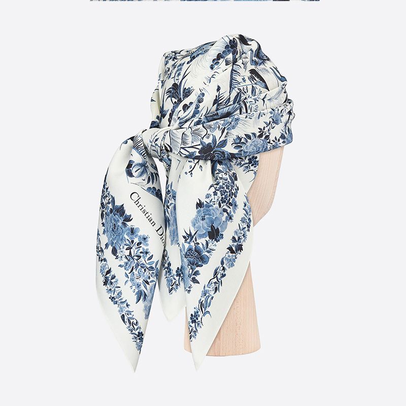 Dior Square Scarf Jardin d'Hiver Motif Silk Blue Hot Sale