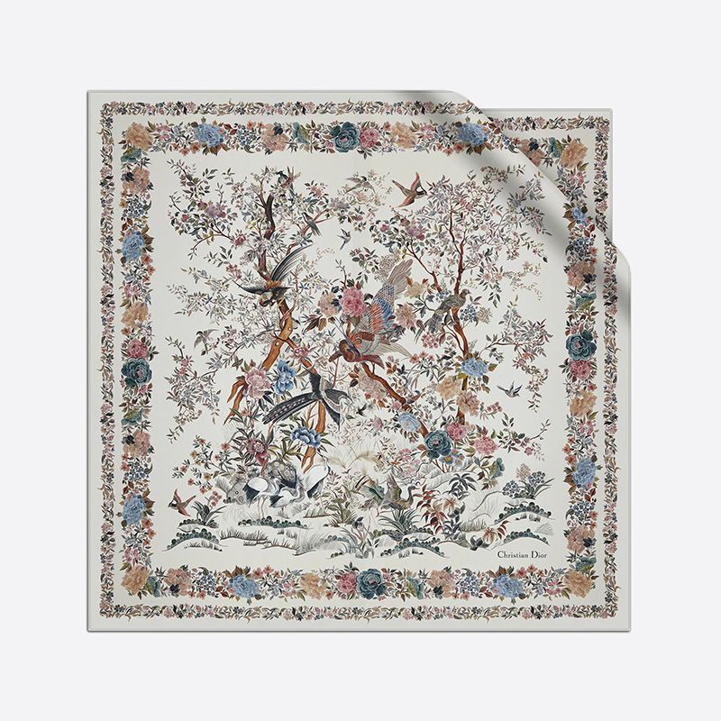 Dior Square Scarf Jardin d'Hiver Motif Silk White Hot Sale