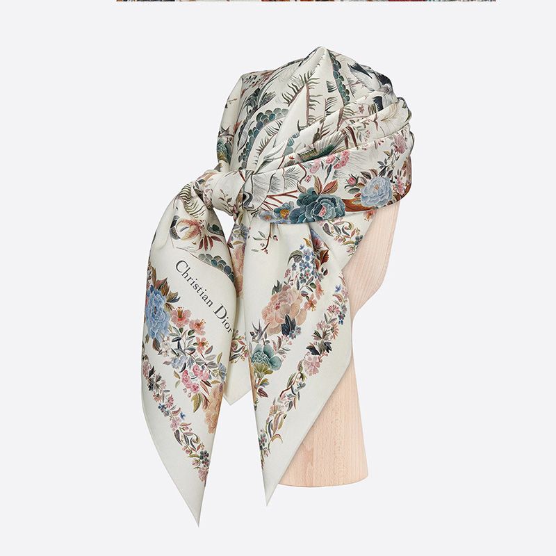 Hot Dior Square Scarf Jardin d'Hiver Motif Silk White