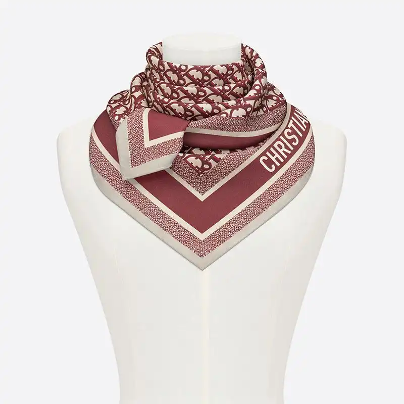 Affordable Hot Dior Square Scarf Oblique Diortwin Motif Silk Burgundy Navy Blue