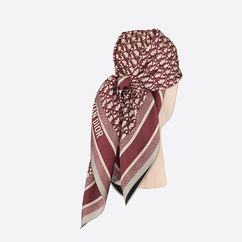 Dior Square Scarf Oblique Diortwin Motif Silk Burgundy Navy Blue Hot Sale