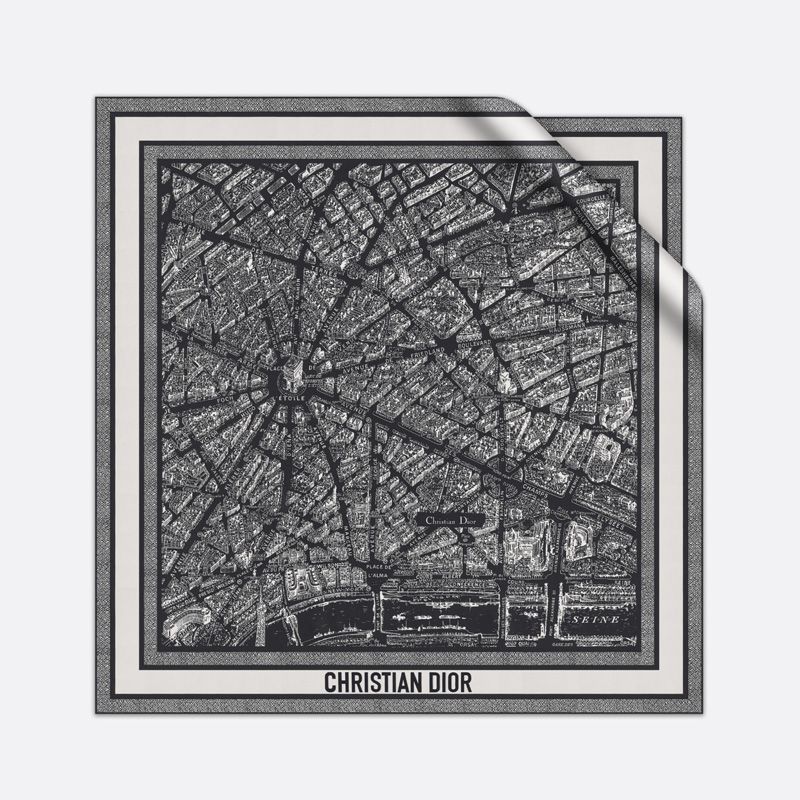 Dior Square Scarf Plan de Paris Motif Silk Black Hot Sale