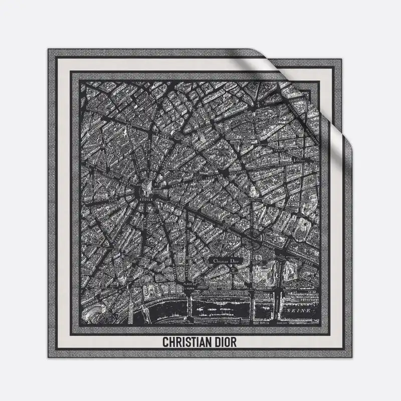 Hot Dior Square Scarf Plan de Paris Motif Silk Black