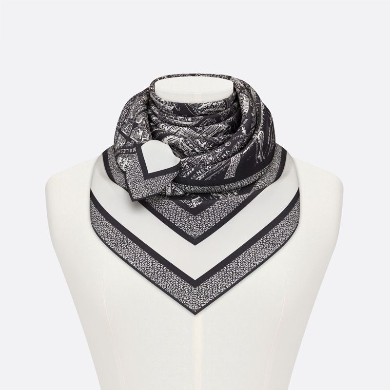 Dior Square Scarf Plan de Paris Motif Silk Black Hot Sale