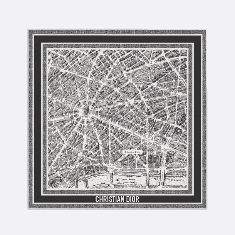 Dior Square Scarf Plan de Paris Motif Silk White Hot Sale