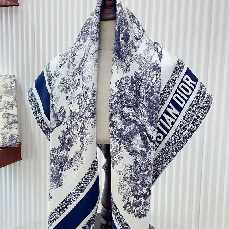 Hot Dior Square Scarf Toile de Jouy Sauvage Motif Silk Blue