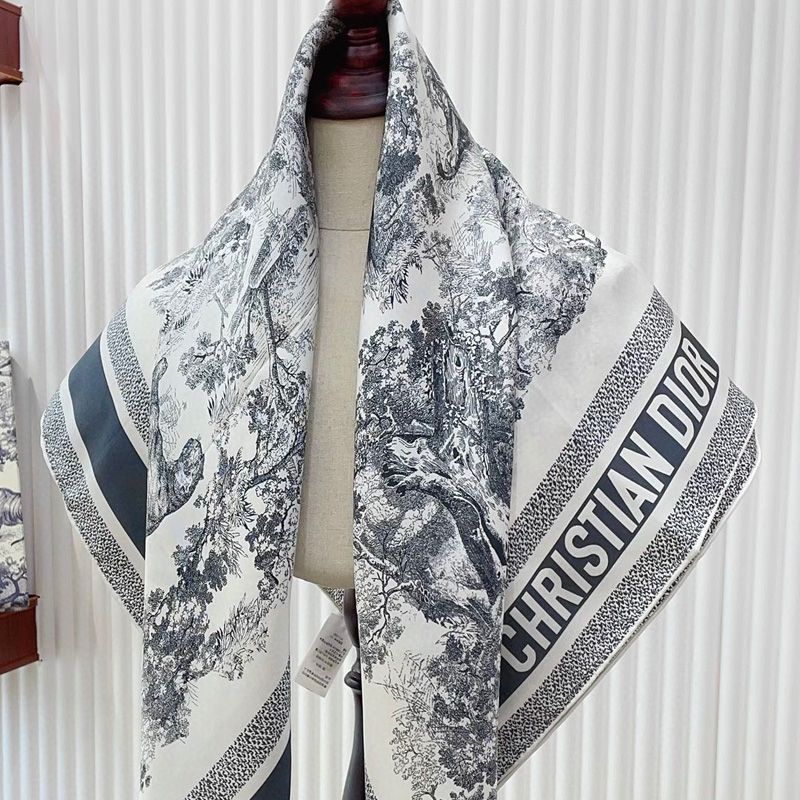 Dior Square Scarf Toile de Jouy Sauvage Motif Silk Grey Hot Sale