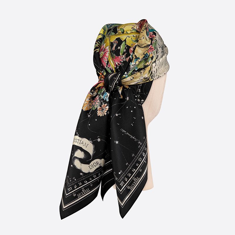 Dior Square Scarf Zodiac Motif Silk Black Hot Sale