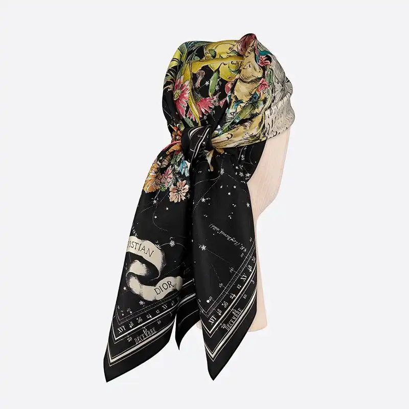 Cheap Dior Square Scarf Zodiac Motif Silk Black