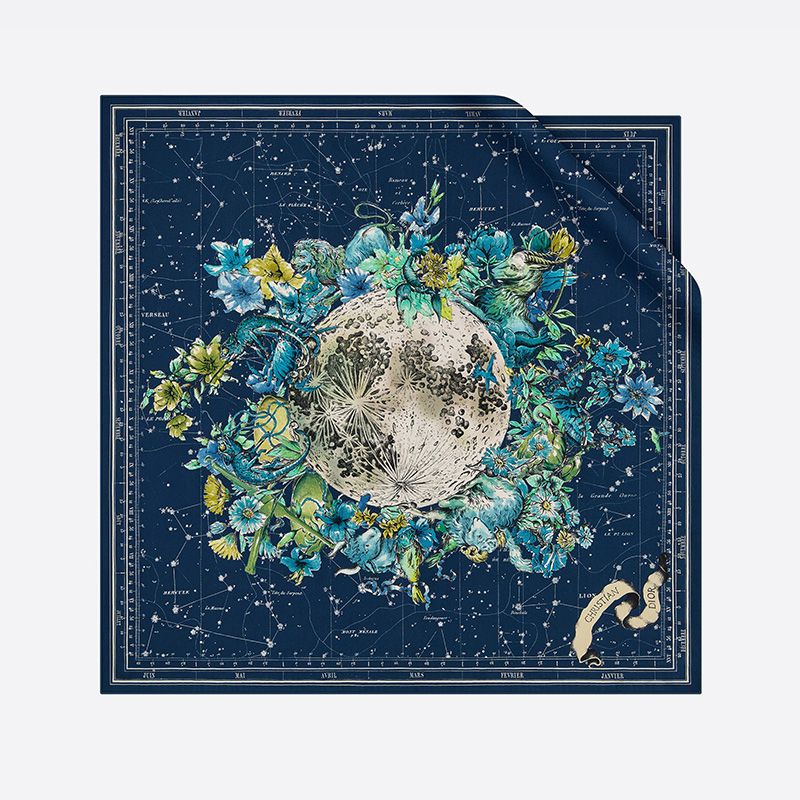 Dior Square Scarf Zodiac Motif Silk Blue Hot Sale