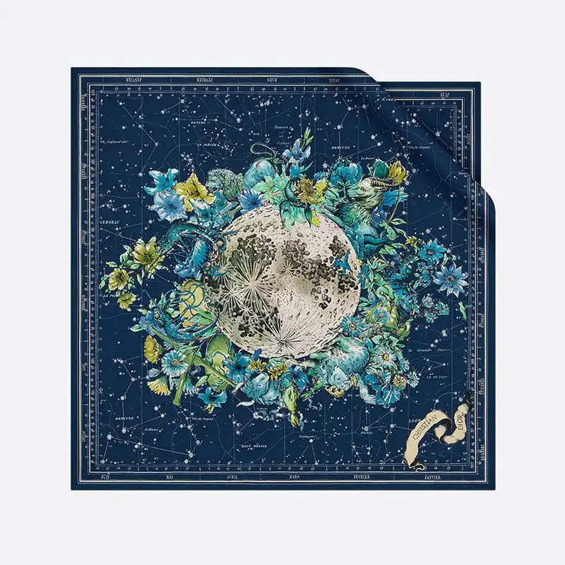 Dior Square Scarf Zodiac Motif Silk Blue