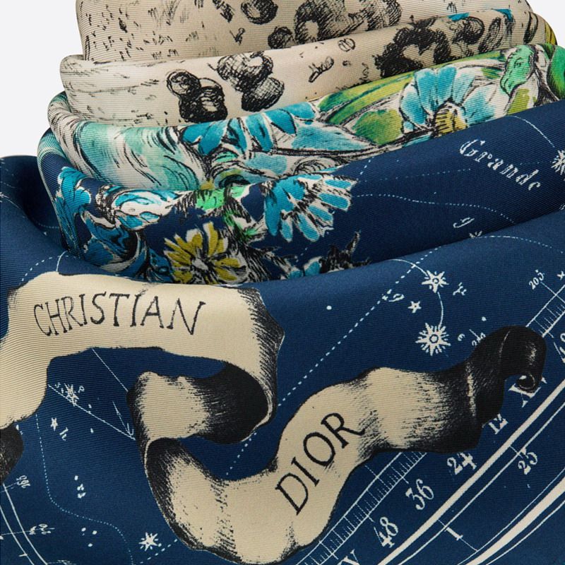 Hot Dior Square Scarf Zodiac Motif Silk Blue