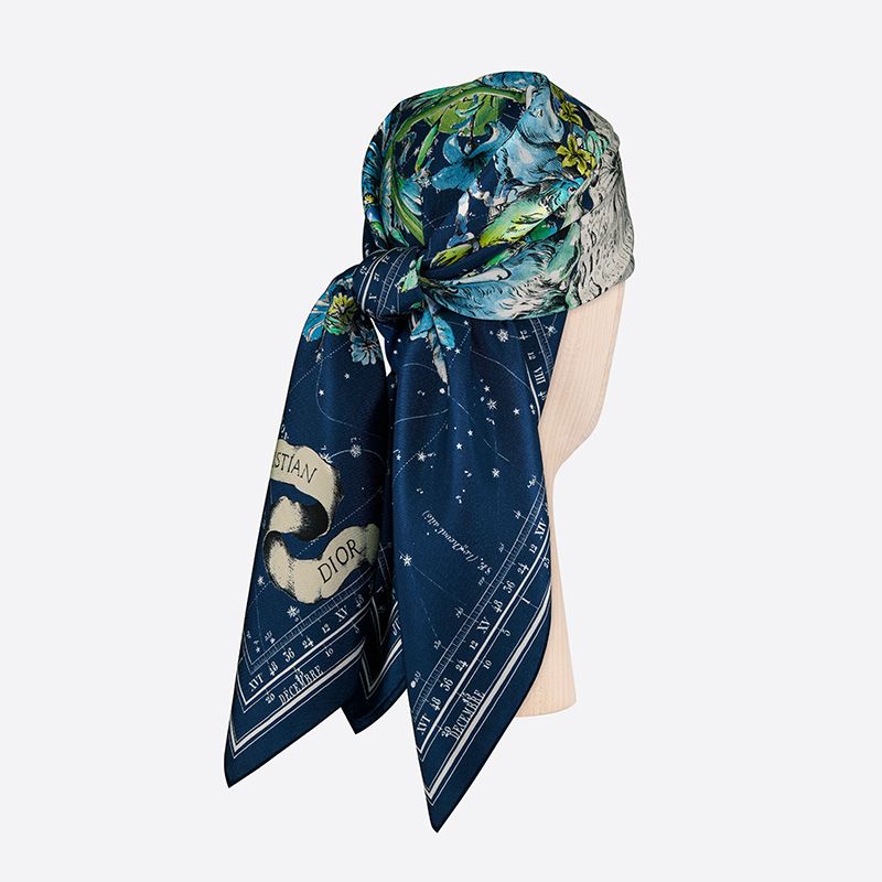 Hot Dior Square Scarf Zodiac Motif Silk Blue