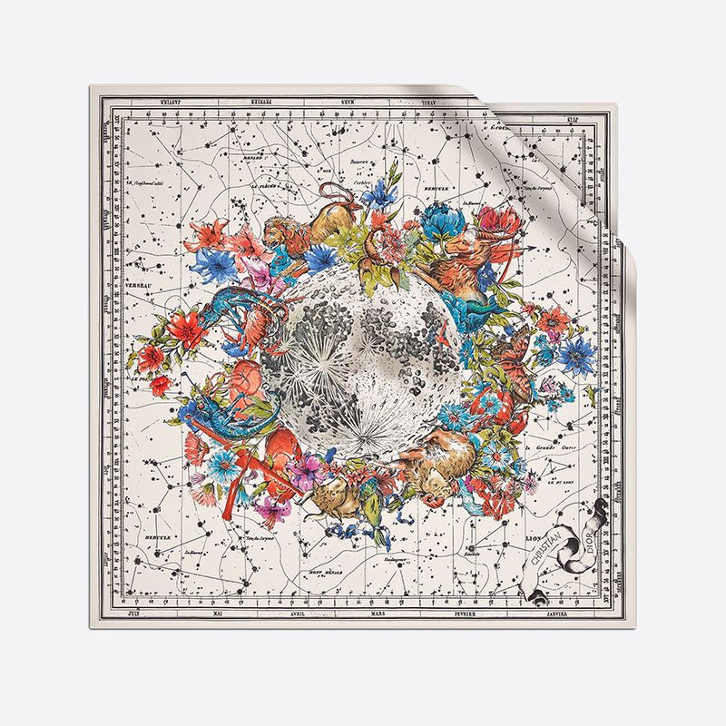 Dior Square Scarf Zodiac Motif Silk White Hot Sale