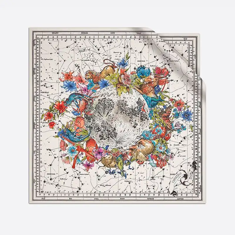 Hot Dior Square Scarf Zodiac Motif Silk White