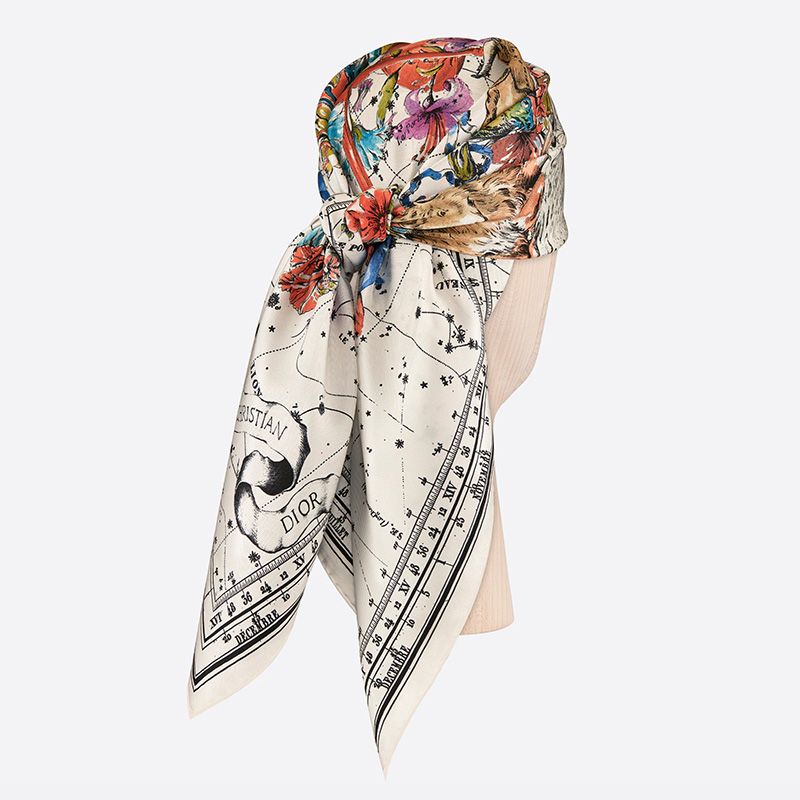 Hot Dior Square Scarf Zodiac Motif Silk White