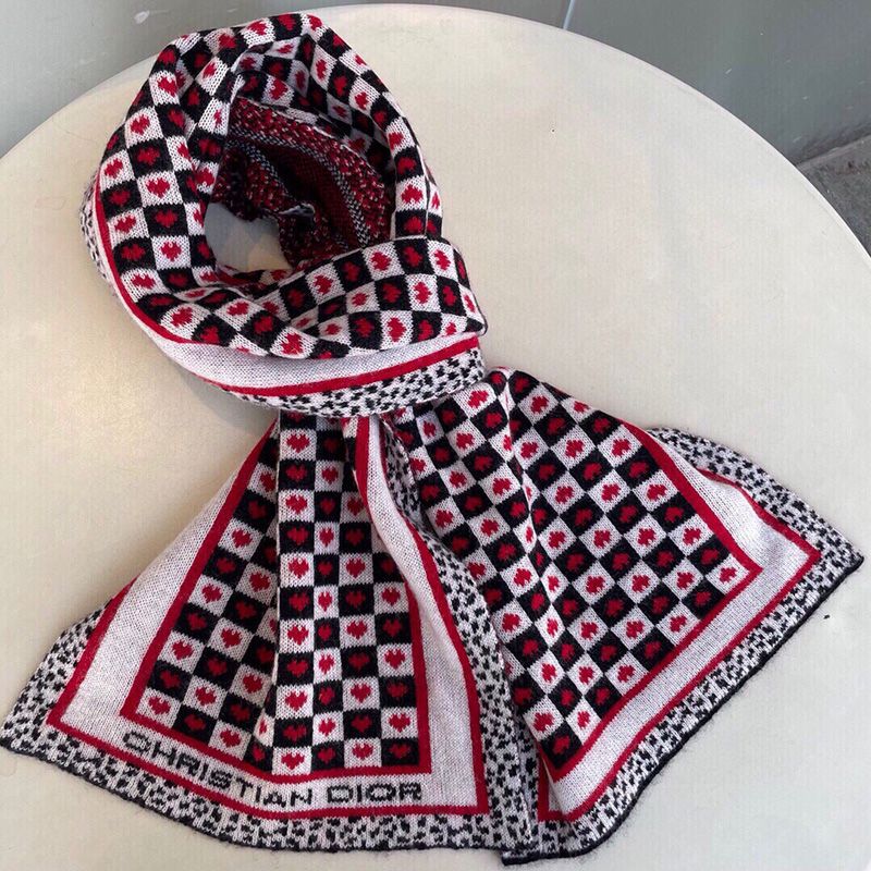 Hot Dior Stole Dioramour D-Chess Hearts Motif Wool Red