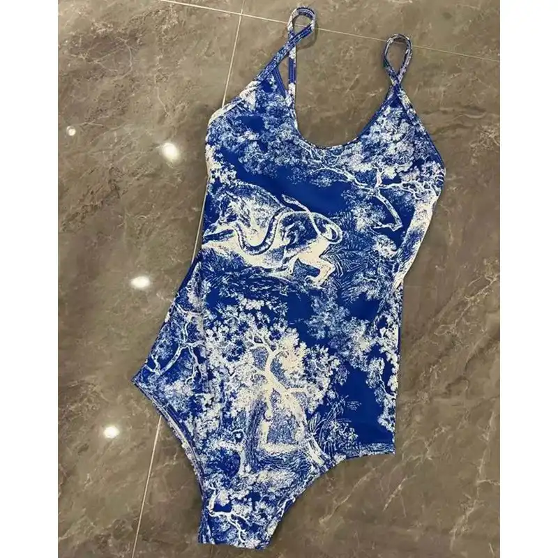 Hot Dior Swimsuit Women Toile De Jouy Motif Lycra Blue