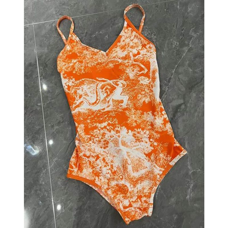 Hot Dior Swimsuit Women Toile De Jouy Motif Lycra Orange