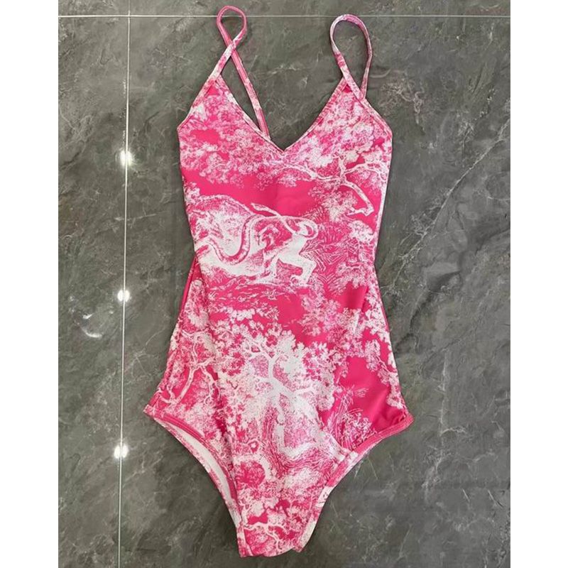 Hot Dior Swimsuit Women Toile De Jouy Motif Lycra Rose