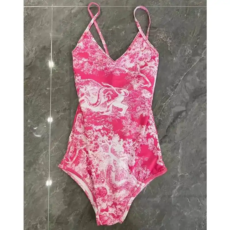 Hot Dior Swimsuit Women Toile De Jouy Motif Lycra Rose