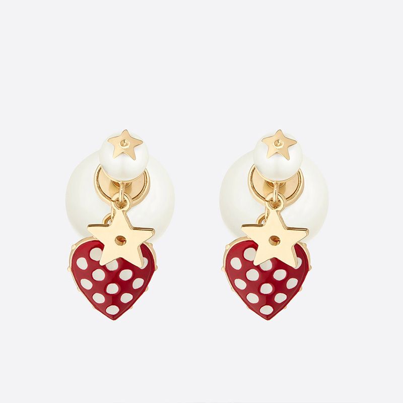 Hot Dior Tribales Dioramour Earrings Metal, White Resin Pearls and Red Lacquer with White Polka Dots Gold