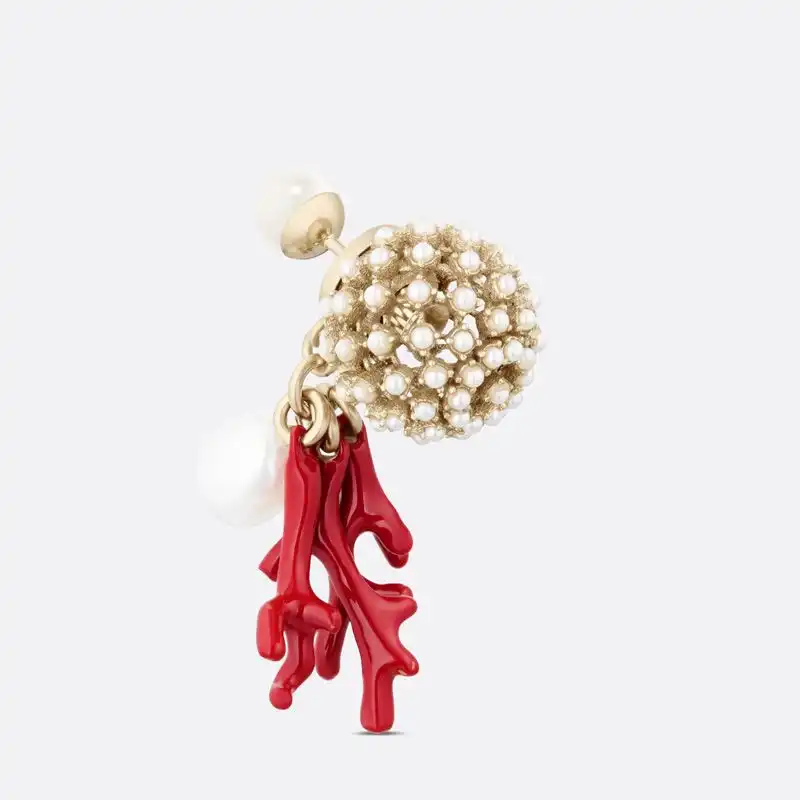 Cheap Dior Tribales Earrings Metal, Pearls, Freshwater Pearl and Lacquer Coral Gold Red