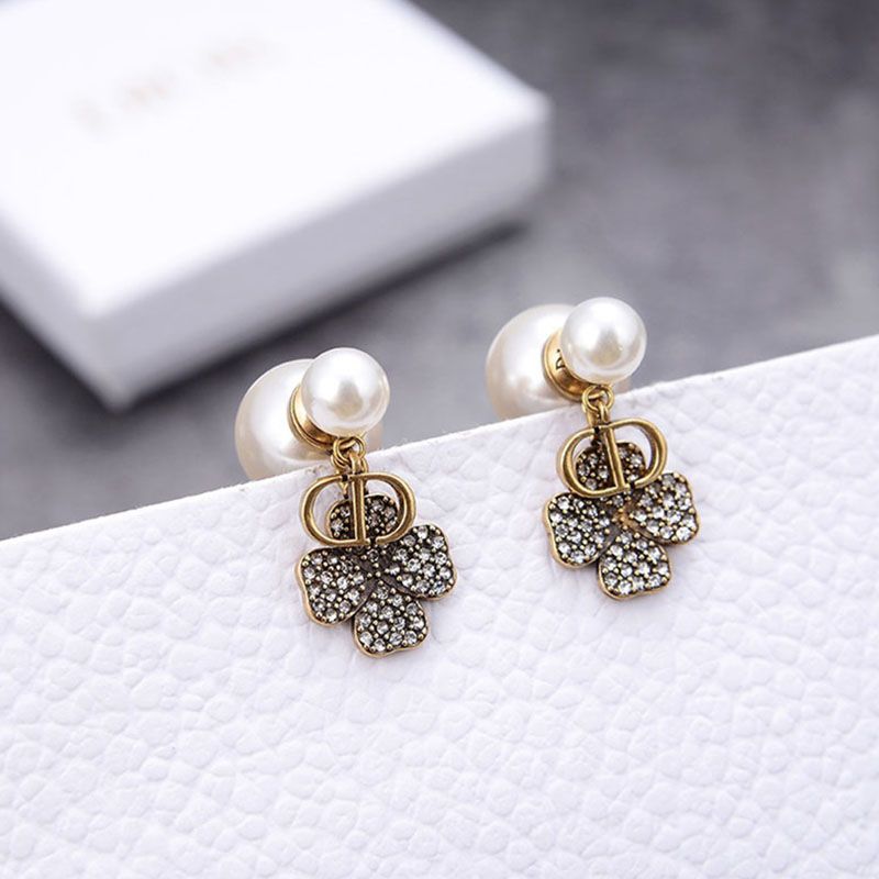 Dior Tribales Earrings Antique CD, White Resin Pearls And White Four-Leaf Clover Gold Hot Sale