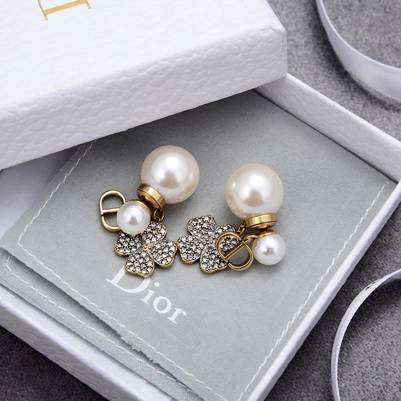 Hot Dior Tribales Earrings Antique CD, White Resin Pearls And White Four-Leaf Clover Gold