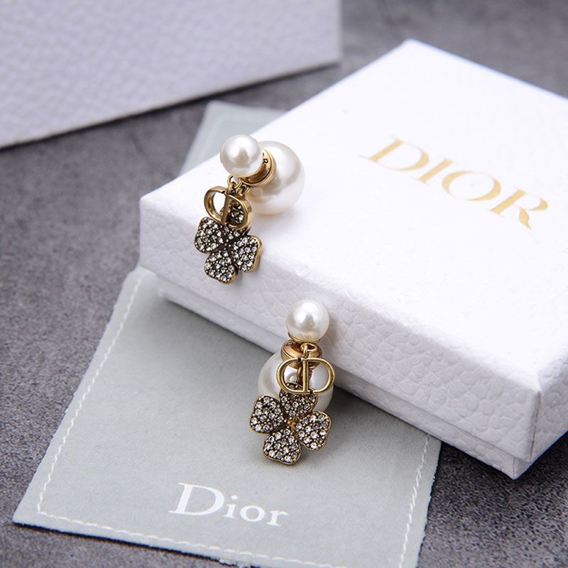 Hot Dior Tribales Earrings Antique CD, White Resin Pearls And White Four-Leaf Clover Gold